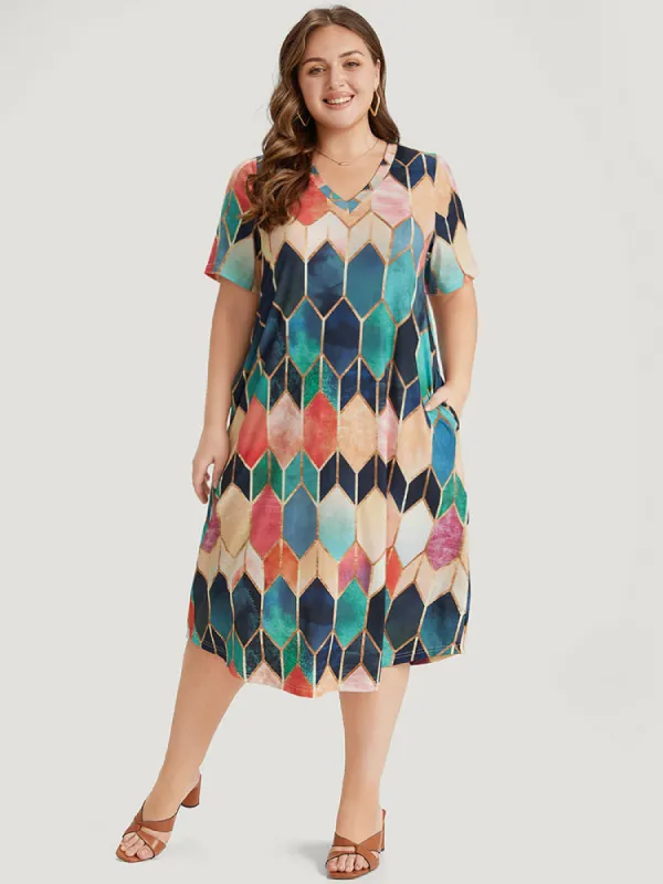 Geometric Print Pocket Colorblock Contrast Dress sold by Bloomchic