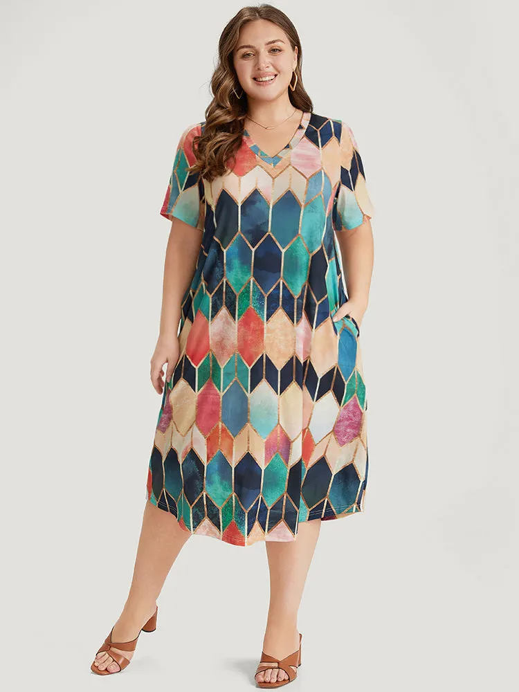 Geometric Print Pocket Colorblock Contrast Dress sold by Bloomchic