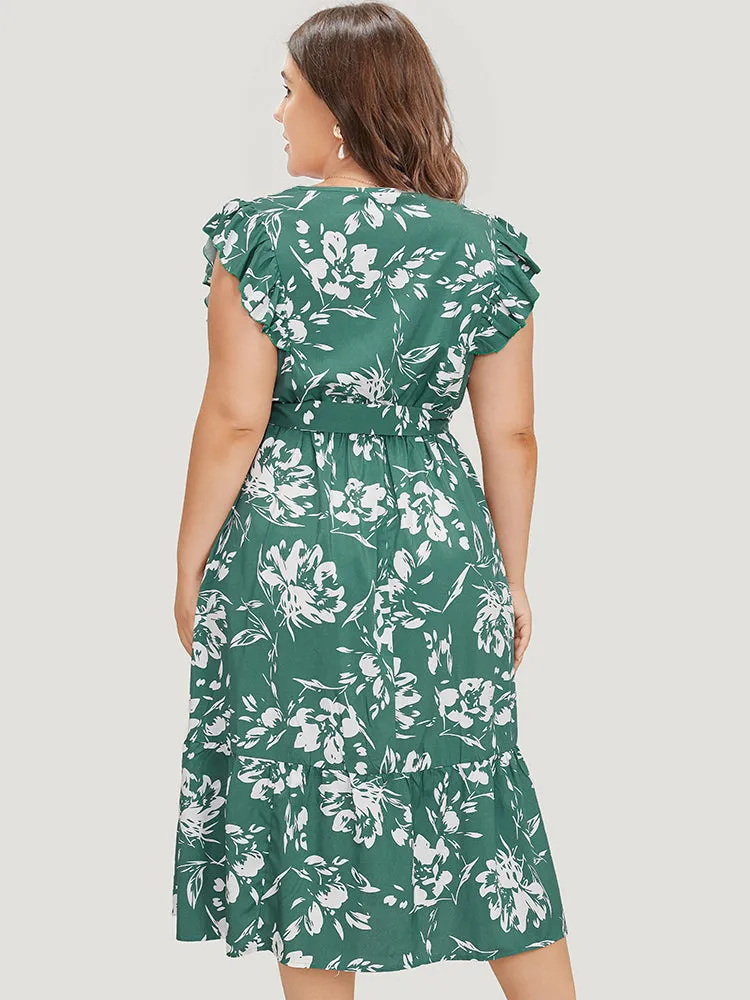 Floral Print Belted Ruffle Cap Sleeve Pocket Dress sold by Bloomchic product image thumbnail 5