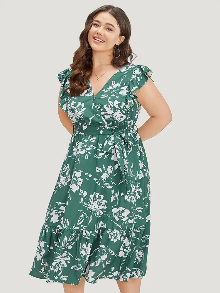 Floral Print Belted Ruffle Cap Sleeve Pocket Dress sold by Bloomchic product image thumbnail 2