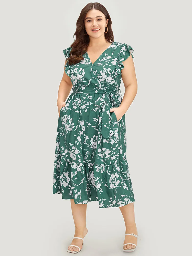 Floral Print Belted Ruffle Cap Sleeve Pocket Dress sold by Bloomchic product image thumbnail 3