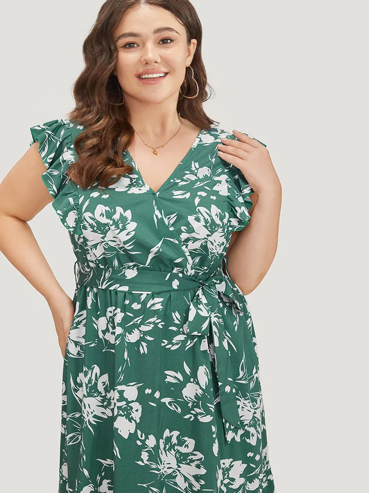 Floral Print Belted Ruffle Cap Sleeve Pocket Dress sold by Bloomchic product image thumbnail 4