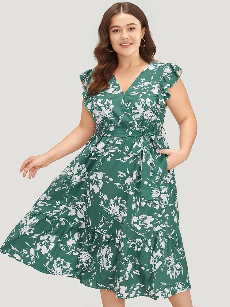 Floral Print Belted Ruffle Cap Sleeve Pocket Dress sold by Bloomchic