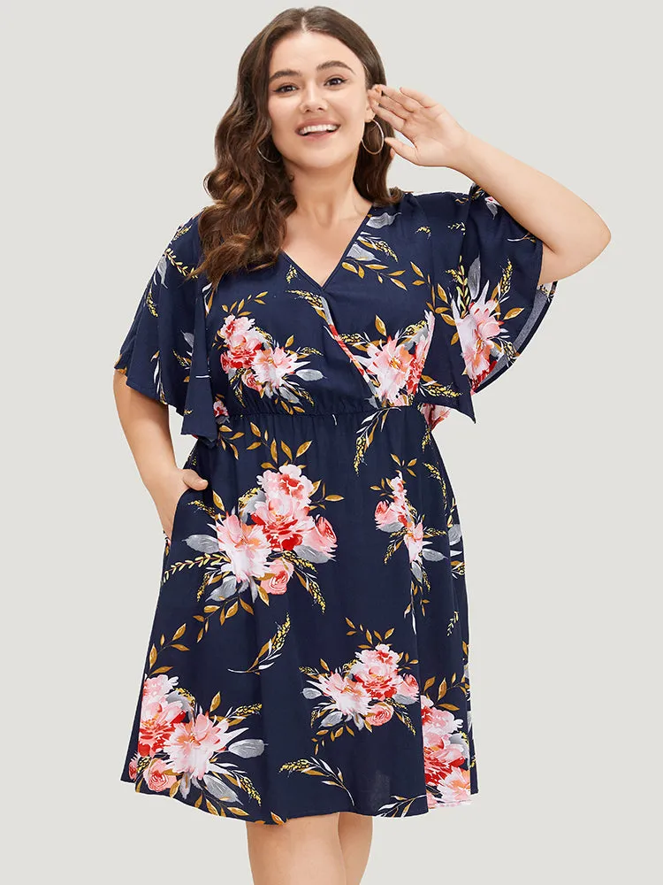 Floral Print Surplice Neck Pocket Ruffle Sleeve Dress sold by Bloomchic product image thumbnail 2
