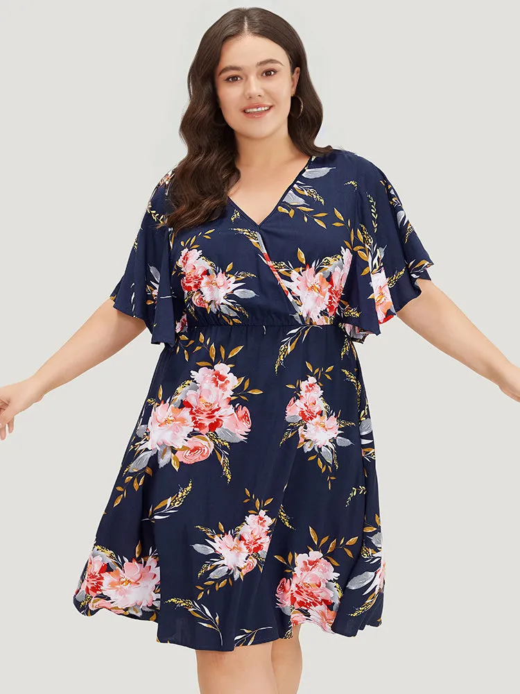 Floral Print Surplice Neck Pocket Ruffle Sleeve Dress sold by Bloomchic