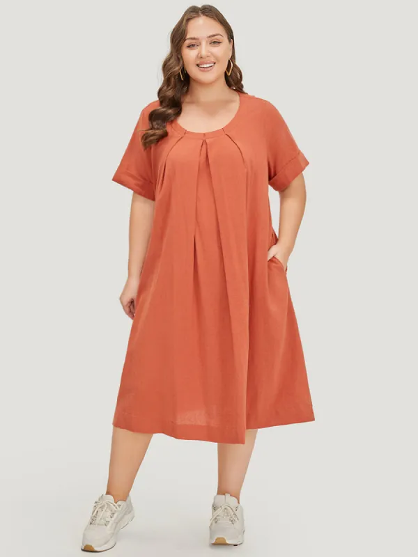 Solid Pleated Front Pocket Cuffed Sleeve Dress sold by Bloomchic