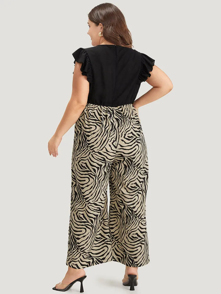 Zebra Patchwork Contrast Ruffle Cap Sleeve Pocket Jumpsuit sold by Bloomchic product image thumbnail 5