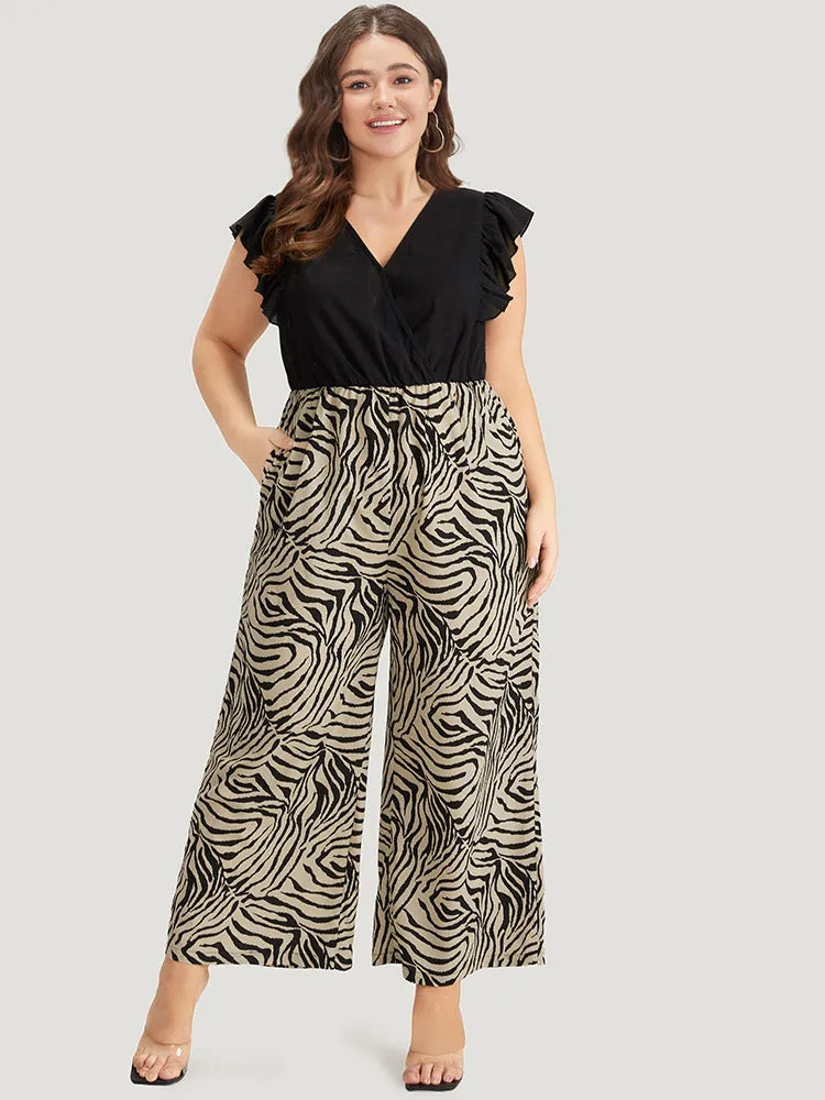 Zebra Patchwork Contrast Ruffle Cap Sleeve Pocket Jumpsuit sold by Bloomchic product image thumbnail 2