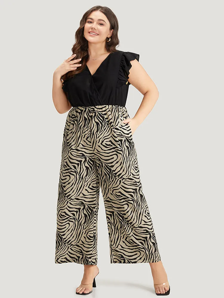 Zebra Patchwork Contrast Ruffle Cap Sleeve Pocket Jumpsuit sold by Bloomchic product image thumbnail 3