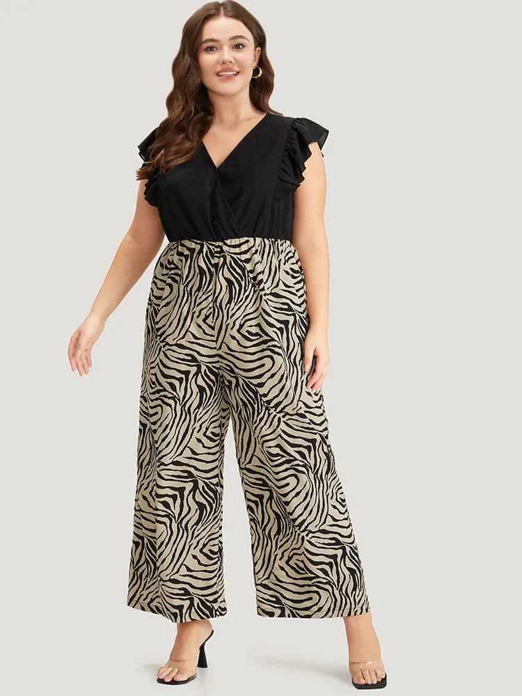Zebra Patchwork Contrast Ruffle Cap Sleeve Pocket Jumpsuit sold by Bloomchic product image thumbnail 4