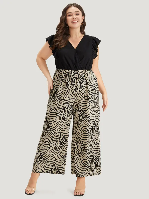 Zebra Patchwork Contrast Ruffle Cap Sleeve Pocket Jumpsuit sold by Bloomchic