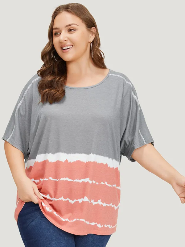 Tie Dye Contrast Stitched Batwing Sleeve Striped T-shirt sold by Bloomchic