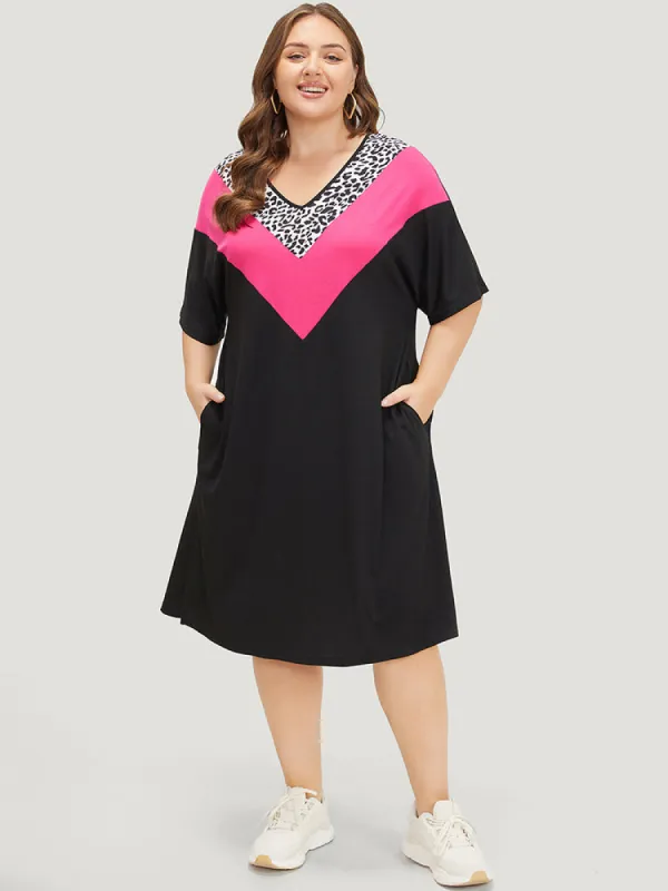 Supersoft Essentials Leopard Contrast Batwing Sleeve Pocket Split Hem Dress sold by Bloomchic