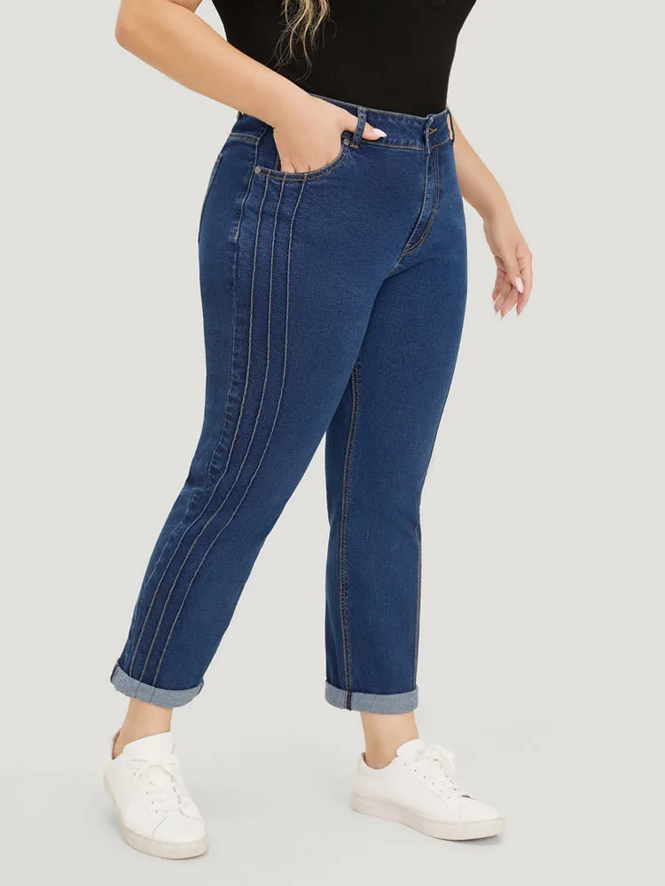Very Stretchy High Rise Medium Wash Pleated Detail Jeans sold by Bloomchic