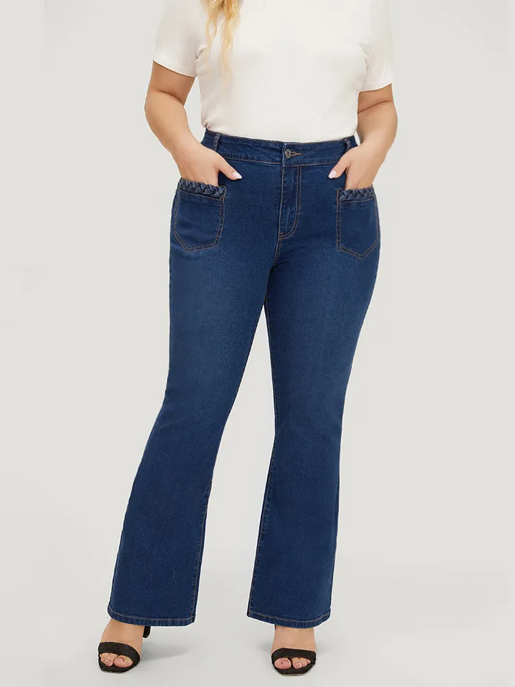 Flare Leg Very Stretchy High Rise Dark Wash Cable Contrast Jeans sold by Bloomchic