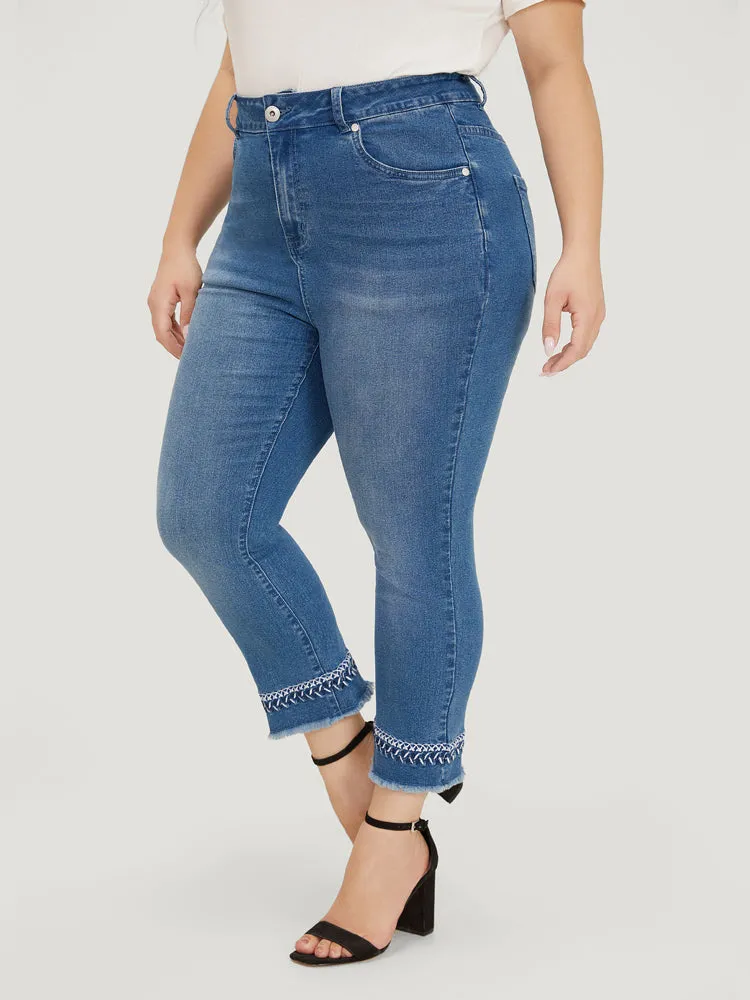 Very Stretchy Medium Wash Embroidered Raw Hem Jeans sold by Bloomchic product image thumbnail 4