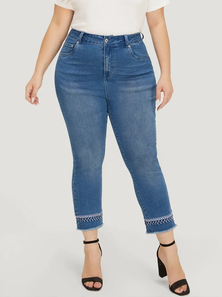 Very Stretchy Medium Wash Embroidered Raw Hem Jeans sold by Bloomchic