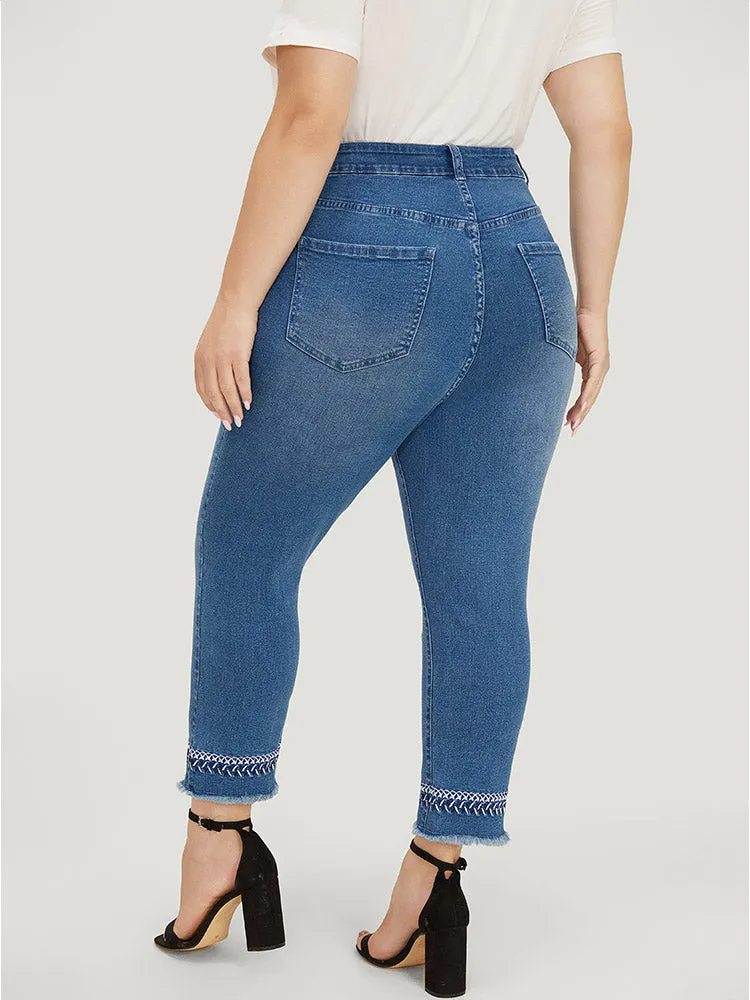 Very Stretchy Medium Wash Embroidered Raw Hem Jeans sold by Bloomchic product image thumbnail 5