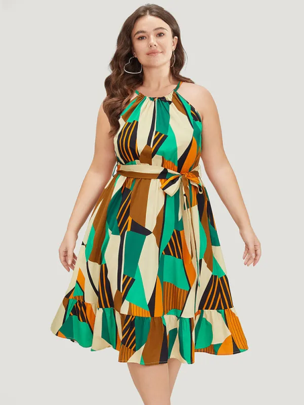 Geometric Contrast Keyhole Knot Pocket Belt Halter Dress sold by Bloomchic