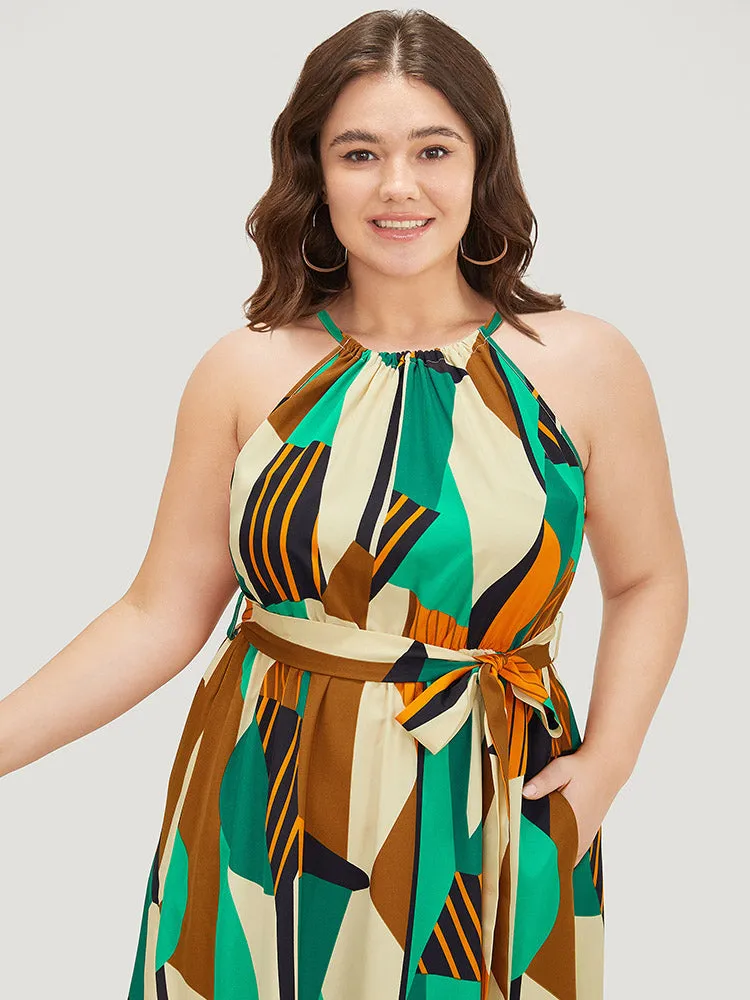 Geometric Contrast Keyhole Knot Pocket Belt Halter Dress sold by Bloomchic product image thumbnail 5