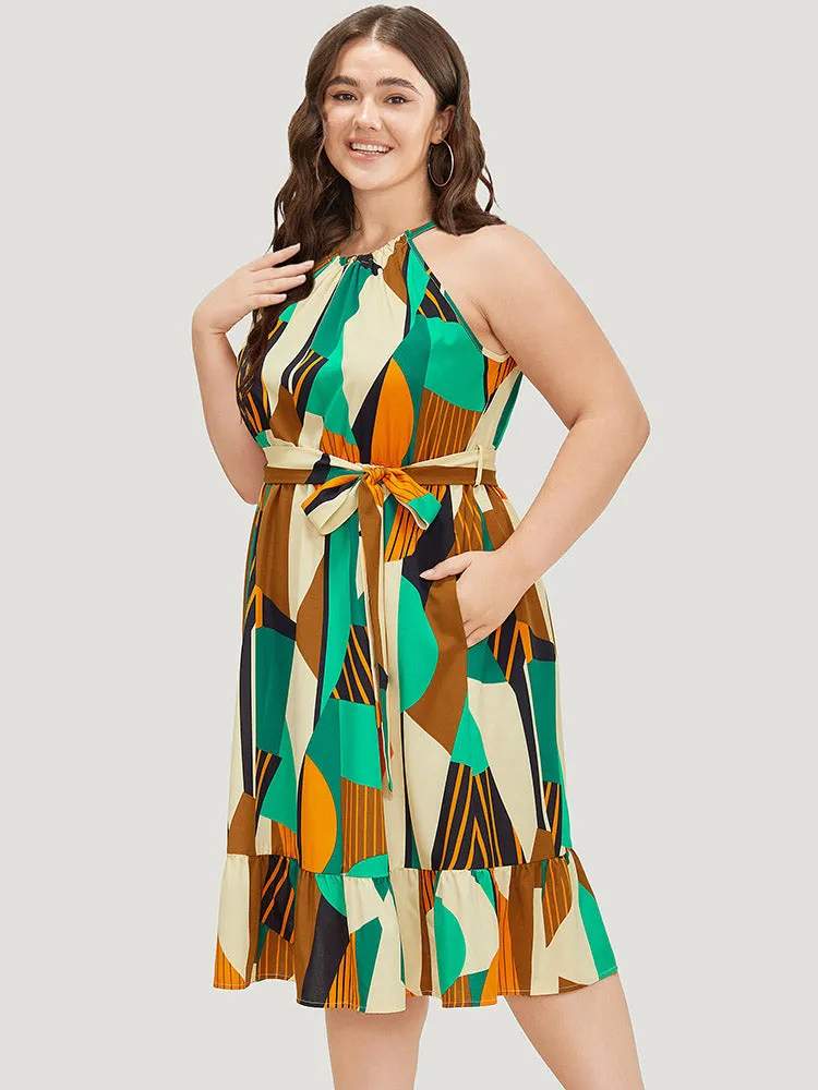 Geometric Contrast Keyhole Knot Pocket Belt Halter Dress sold by Bloomchic product image thumbnail 2