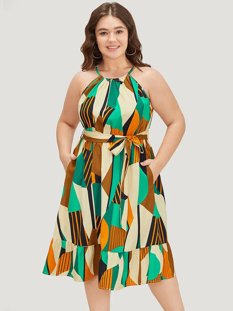 Geometric Contrast Keyhole Knot Pocket Belt Halter Dress sold by Bloomchic product image thumbnail 3