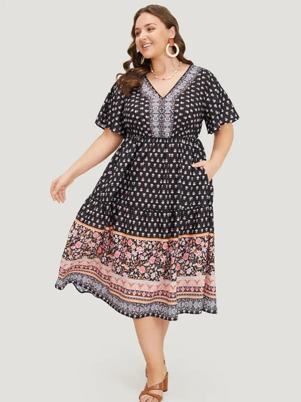 Boho Print Contrast Gathered Pocket Ruffles Dress sold by Bloomchic