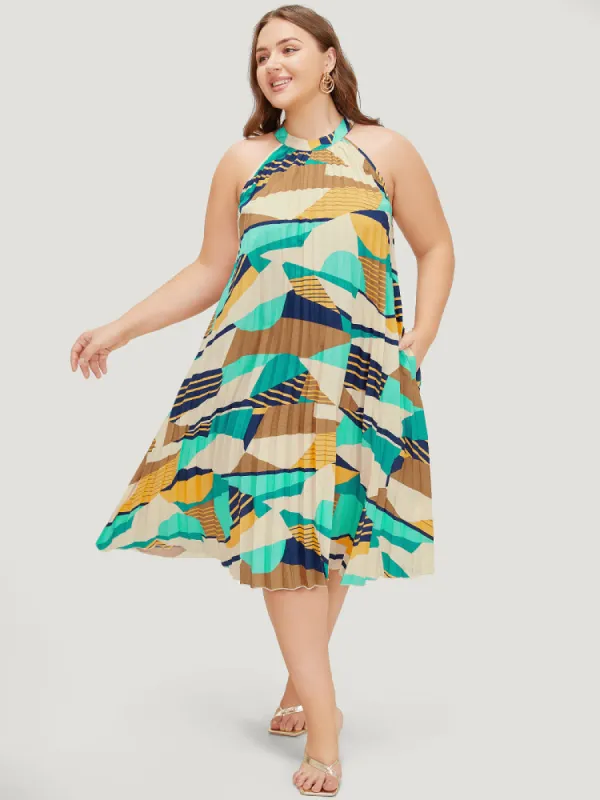 Geometric Contrast Pocket Halter Neck Pleated Dress sold by Bloomchic