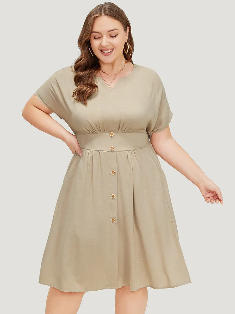 Plain Notched Button Detail Pocket Shirred Empire Waist Dress sold by Bloomchic