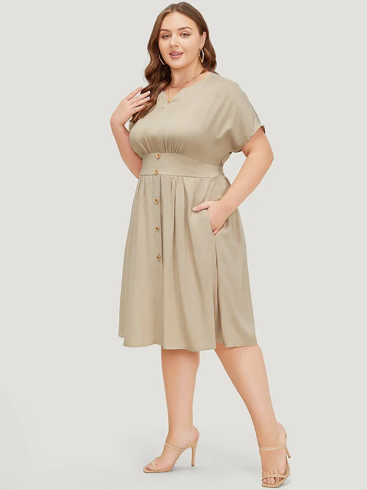 Plain Notched Button Detail Pocket Shirred Empire Waist Dress sold by Bloomchic product image thumbnail 3