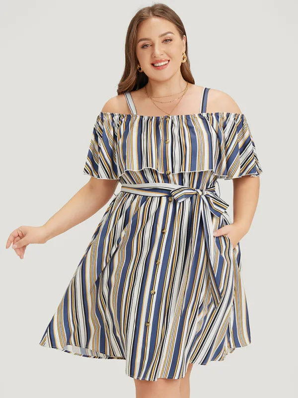 Striped Cold Shoulder Belt Pocket Button Detail Dress sold by Bloomchic