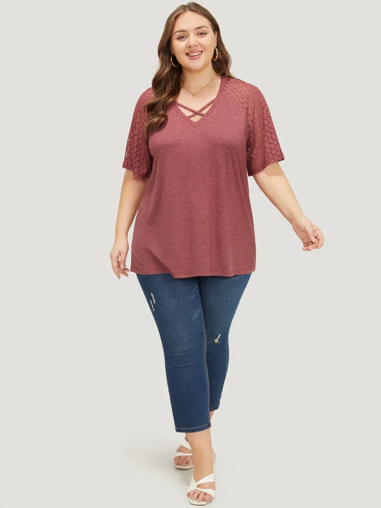 Plain Lace Raglan Sleeve Heather Crisscross Neck T-shirt sold by Bloomchic product image thumbnail 5