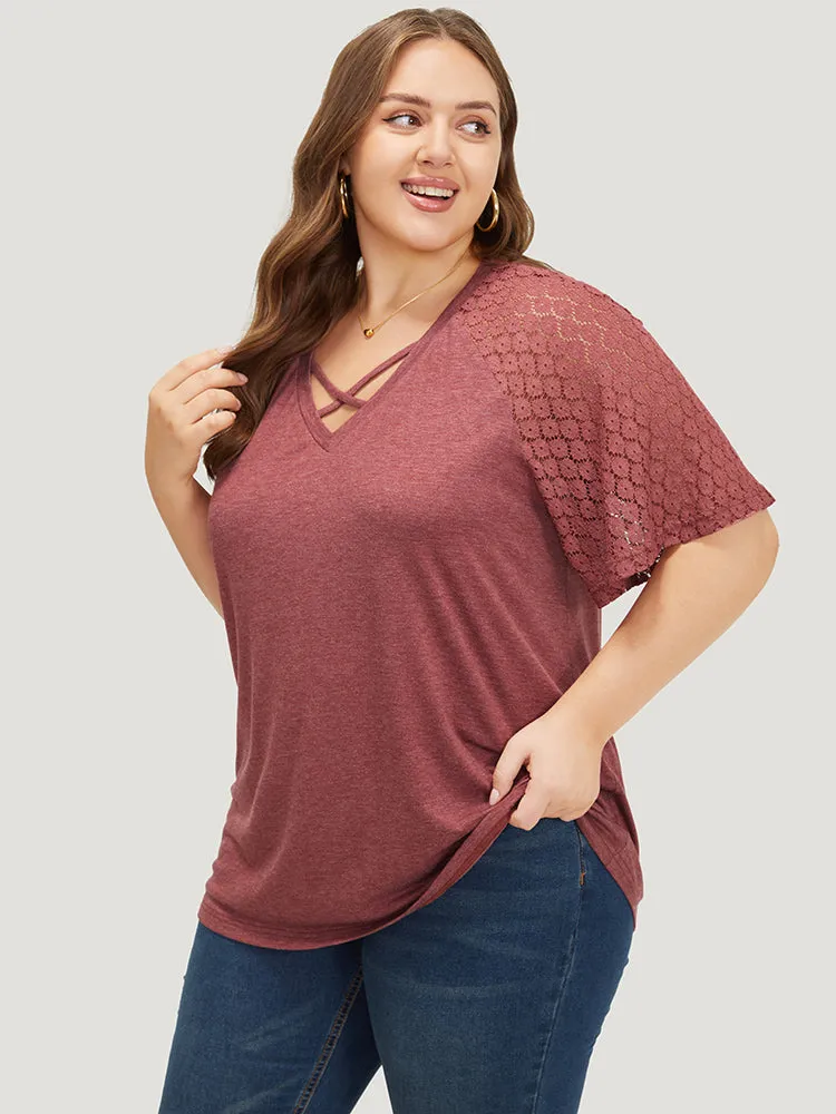 Plain Lace Raglan Sleeve Heather Crisscross Neck T-shirt sold by Bloomchic product image thumbnail 3