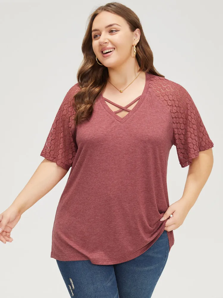 Plain Lace Raglan Sleeve Heather Crisscross Neck T-shirt sold by Bloomchic product image thumbnail 4