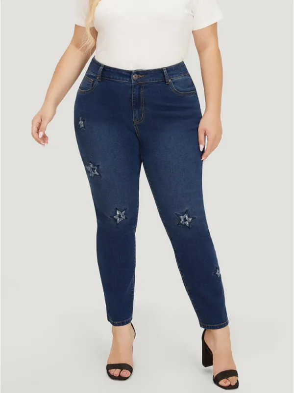 Very Stretchy High Rise Medium Wash Star Embroidery Jeans sold by Bloomchic