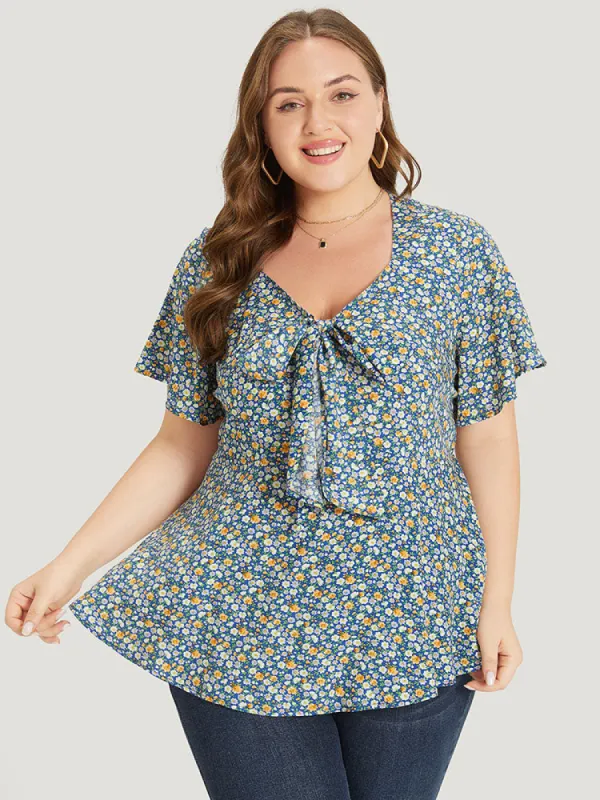 Ditsy Floral Knot V Neck Blouse sold by Bloomchic