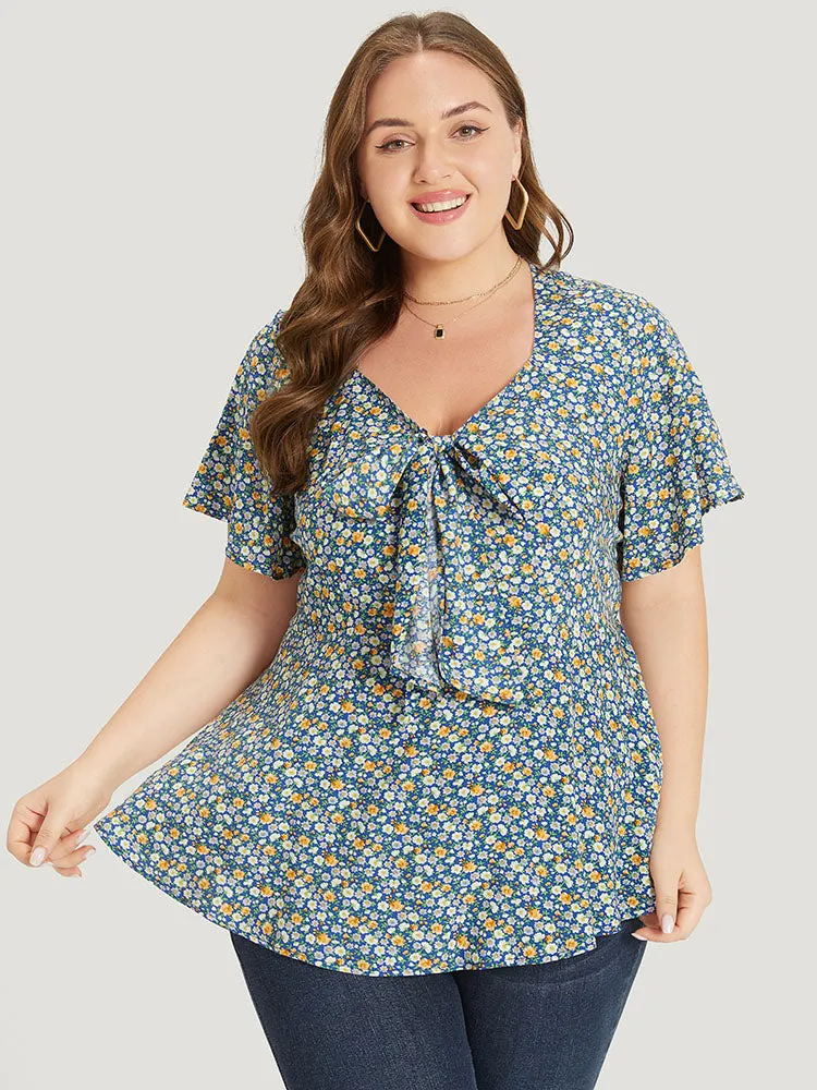Ditsy Floral Knot V Neck Blouse sold by Bloomchic