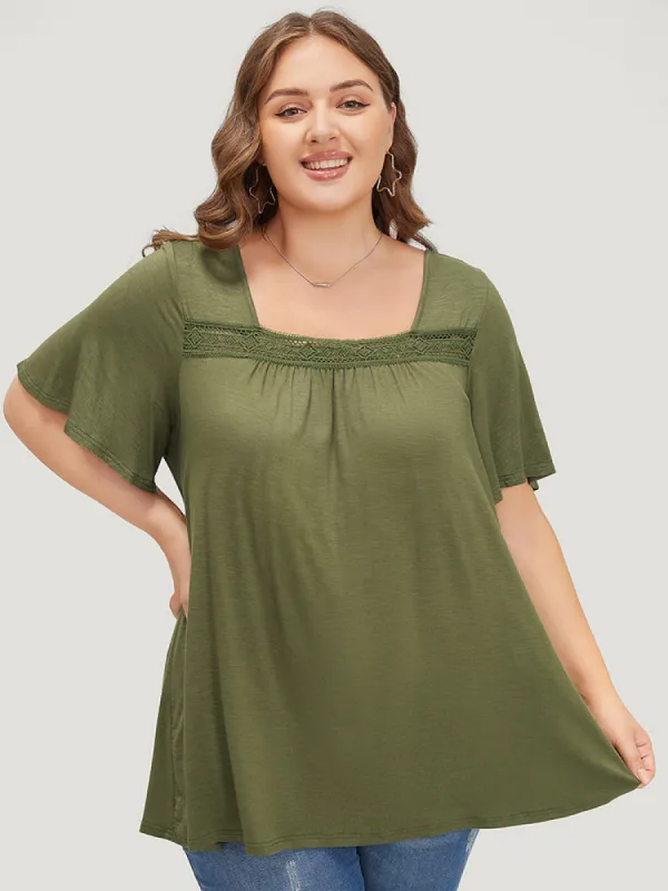 Solid Crochet Lace Gathered Square Neck Ruffles T-shirt sold by Bloomchic