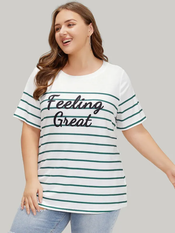 Striped & Slogans Print Crew Neck T-shirt sold by Bloomchic