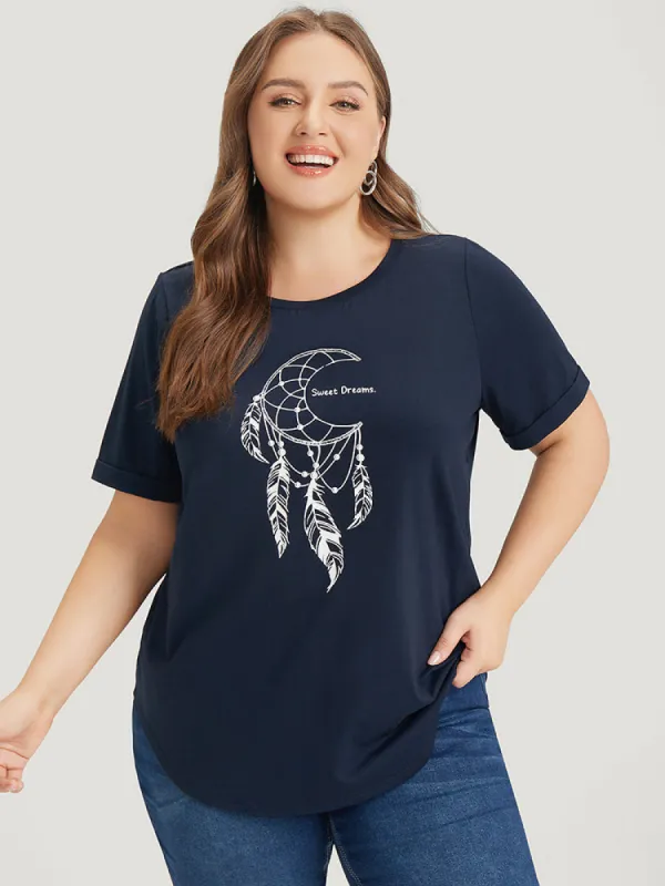 Dream Catcher Print Arc Hem Cuffed Sleeve T-shirt sold by Bloomchic