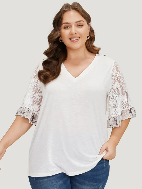 Plain Heather Mesh Lace Bell Sleeve T-shirt sold by Bloomchic