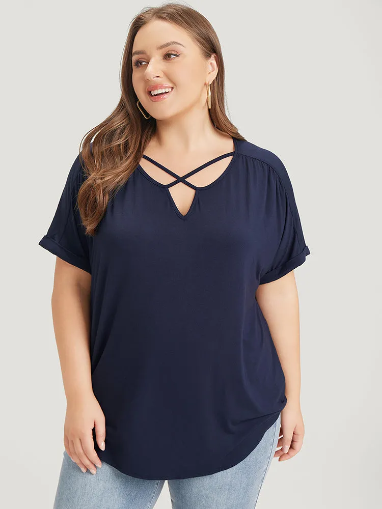 Solid Notched Crisscross Roll Batwing Sleeve T-shirt sold by Bloomchic product image thumbnail 2
