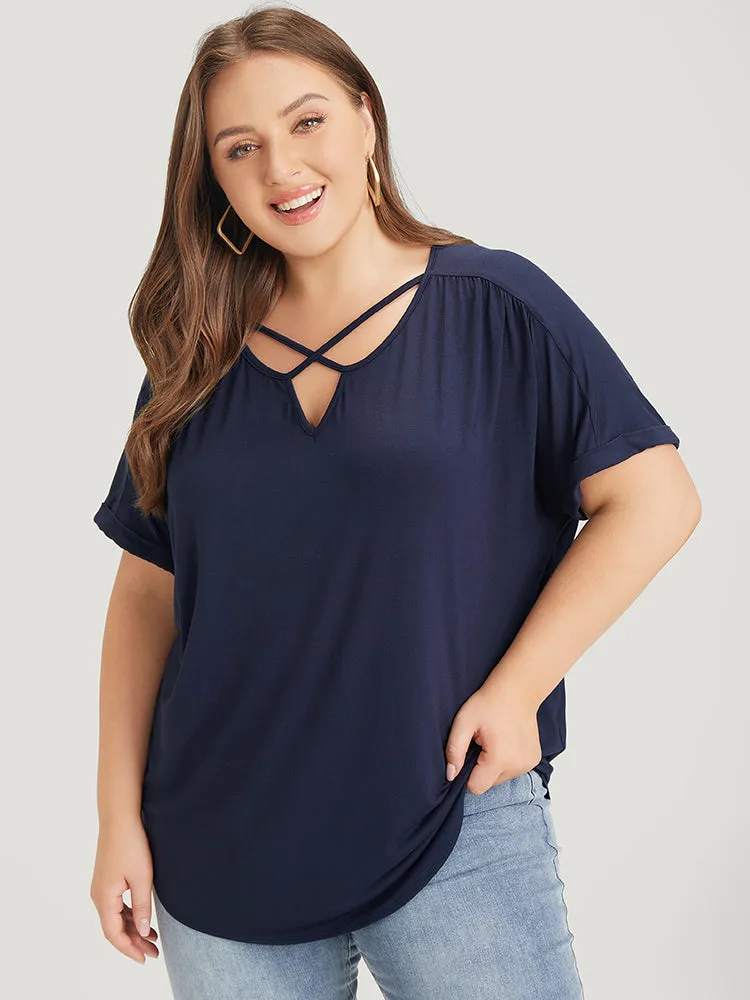 Solid Notched Crisscross Roll Batwing Sleeve T-shirt sold by Bloomchic product image thumbnail 3