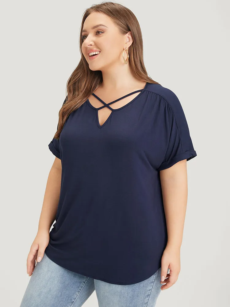 Solid Notched Crisscross Roll Batwing Sleeve T-shirt sold by Bloomchic product image thumbnail 4