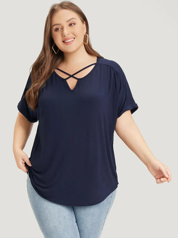 Solid Notched Crisscross Roll Batwing Sleeve T-shirt sold by Bloomchic