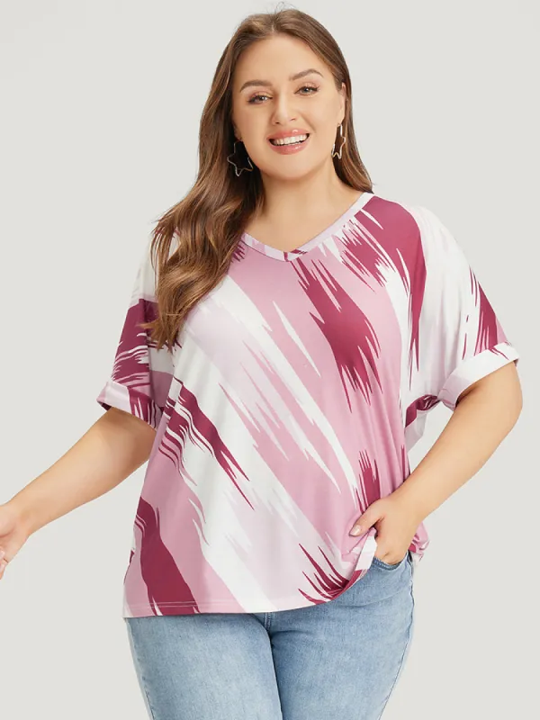 Brush Print Contrast Batwing Sleeve Ombre T-shirt made by Bloomchic