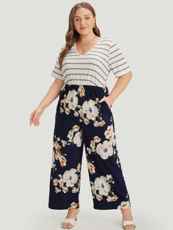 Striped & Floral Patchwork Pocket Jumpsuit sold by Bloomchic
