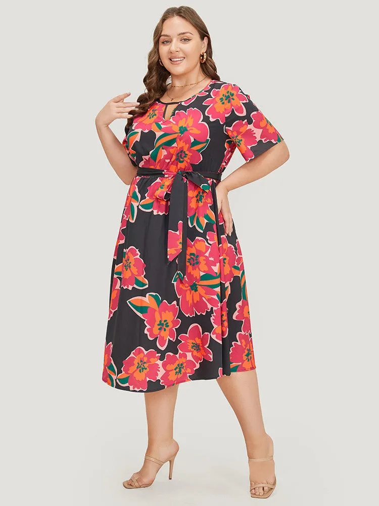 Floral Pocket Belted Keyhole Neck Midi Dress sold by Bloomchic product image thumbnail 4