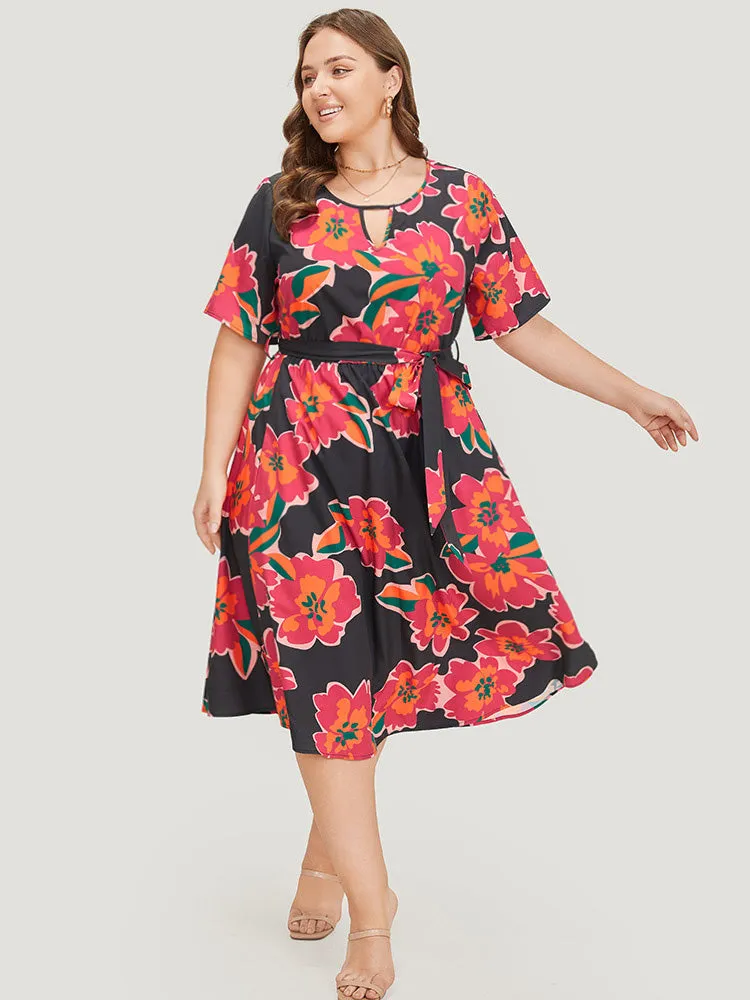 Floral Pocket Belted Keyhole Neck Midi Dress sold by Bloomchic