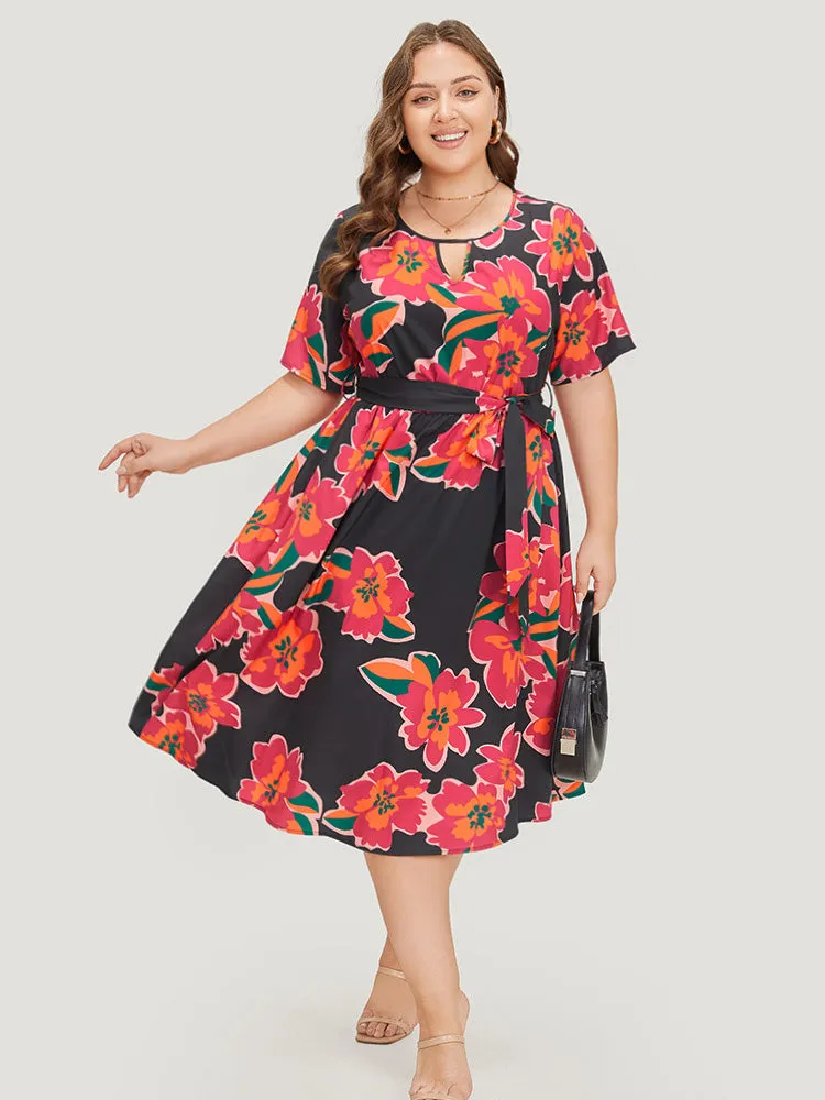 Floral Pocket Belted Keyhole Neck Midi Dress sold by Bloomchic product image thumbnail 5